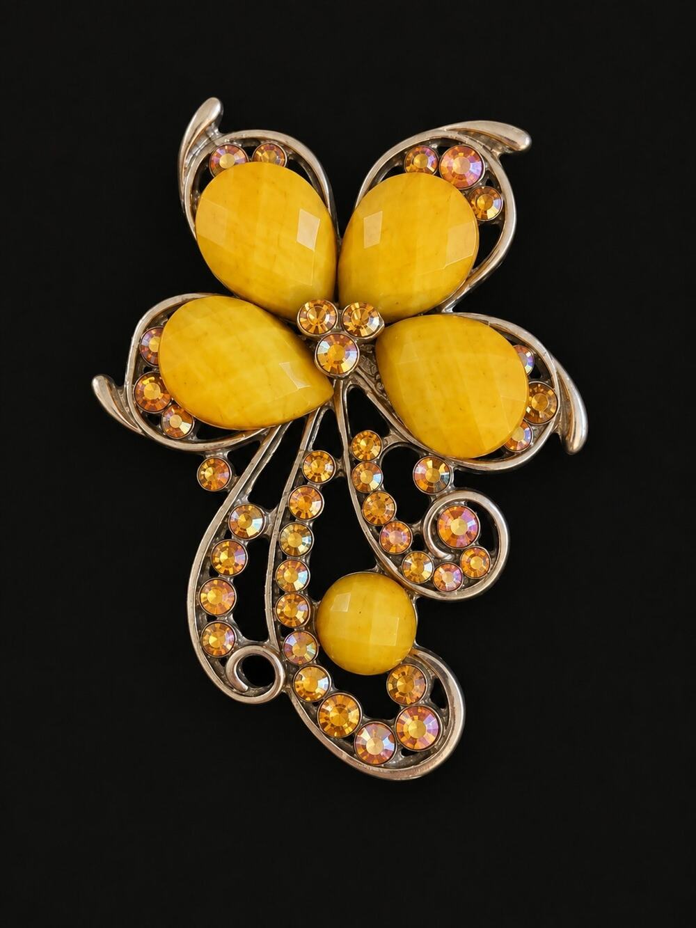 Sunny Yellow Cabochon Asymmetric Flower Brooch Shimmering AB Rhinestone